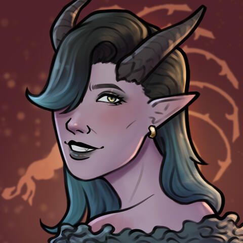 Profile Picture by juiciebox.carrd.co A portrait of a tiefling woman with mid length hair that is dark at the top and teal blue at the ends, looking over her shoulder and smiling. In the background is the symbol of Loviatar's whip